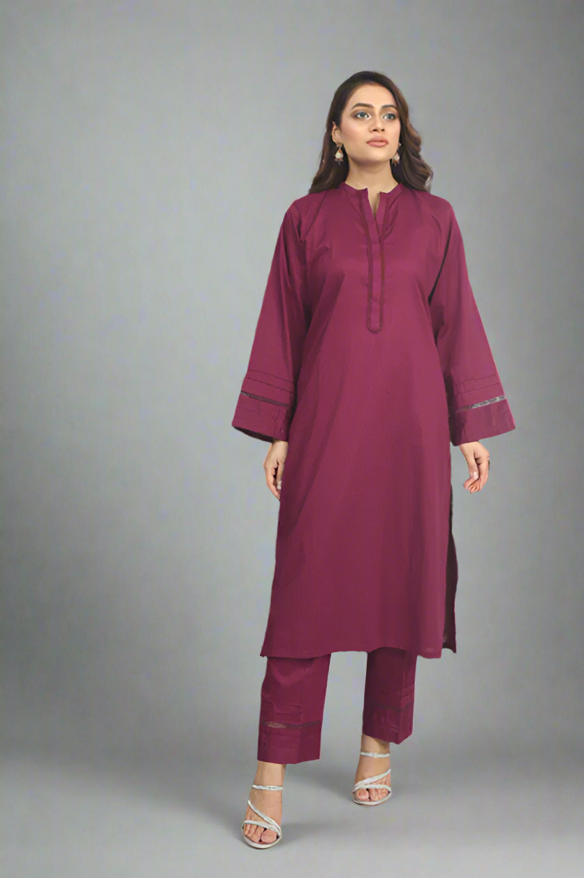 2PCS MAHROON EMBROIDED FABRIC LAWN SUIT
