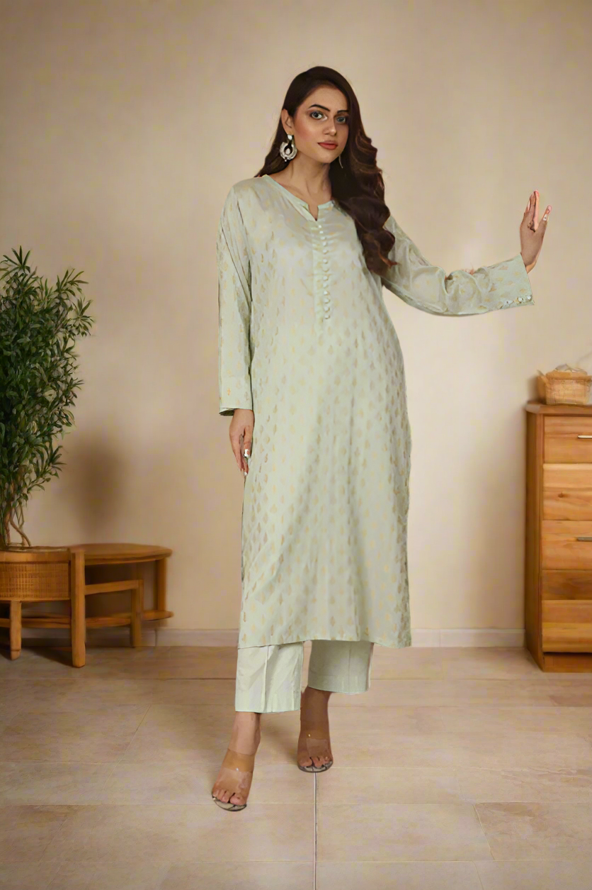 2PCS LIGHT GREEN EMBROIDED FABRIC LAWN SUIT